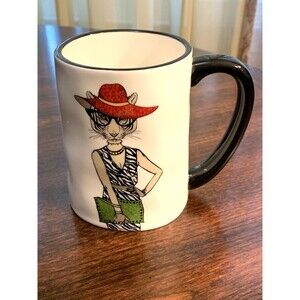 Signature Housewares Mug Hipster Diva Tiger Cat Zebra Print Dress Red Hat Clutch